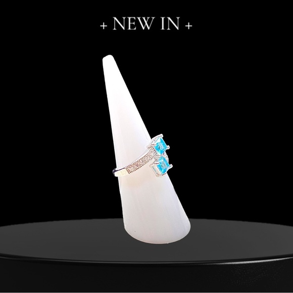 New Aqua Blue Lab-created Square Topaz Silver Engagement Ring with 10 CZ - Picture 3 of 10